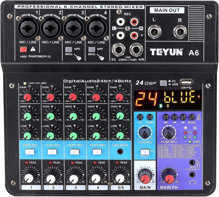 Mesa de som profissional TEYUN A6 com 6 canais, Bluetooth, controle de ganho e equalização, efeitos DSP e conexões USB e áudio.