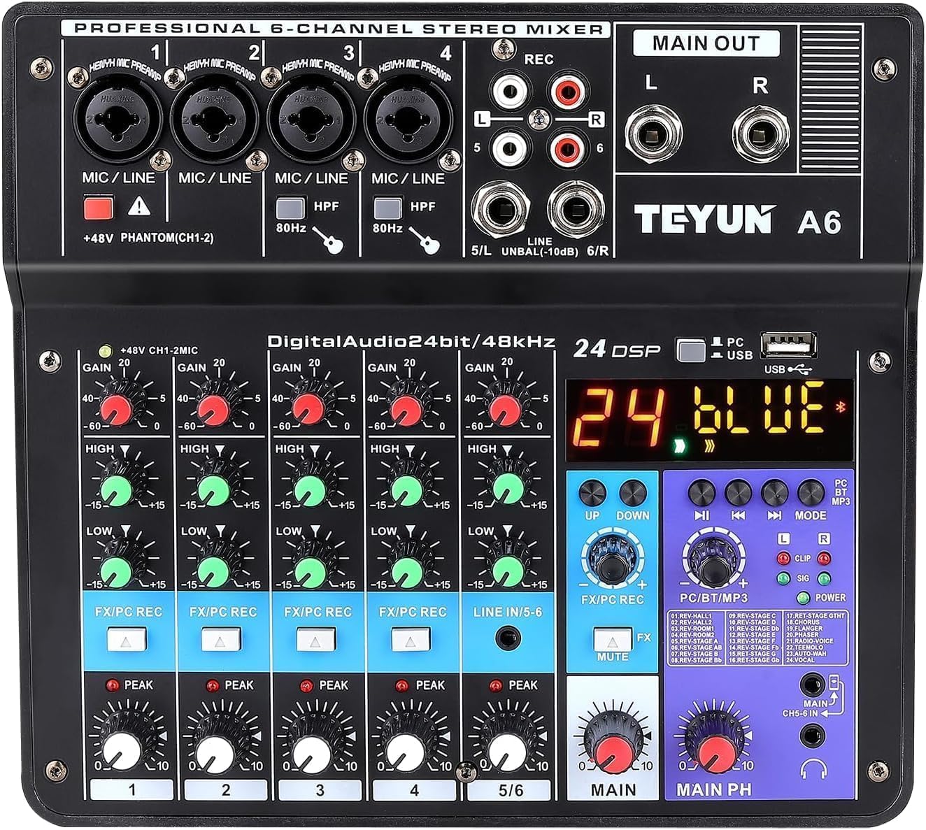 Mesa de som profissional TEYUN A6 com 6 canais, Bluetooth, controle de ganho e equalização, efeitos DSP e conexões USB e áudio.