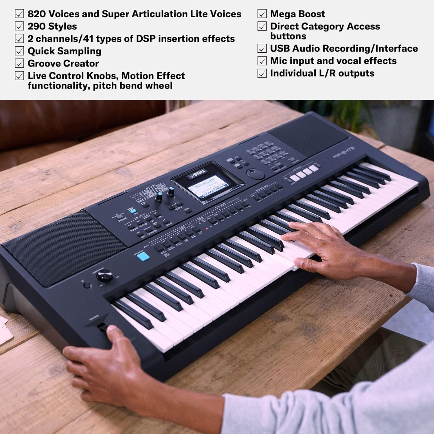 Lista de recursos e funções avançadas do teclado Yamaha PSR E473 com destaque para vozes, estilos e efeitos DSP
