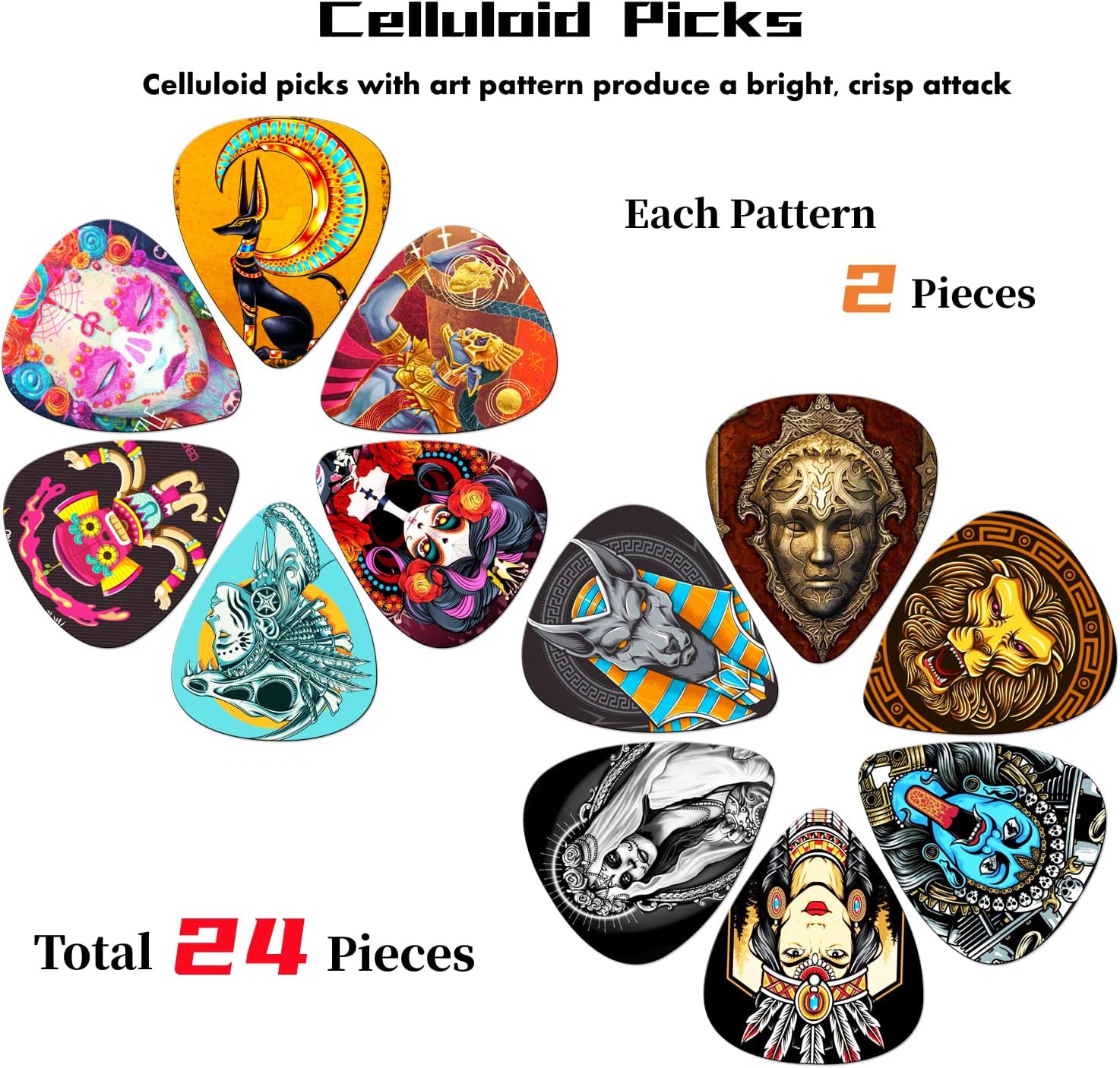 Palhetas de celuloide para guitarra com designs coloridos, totalizando 24 peças com 2 de cada padrão.