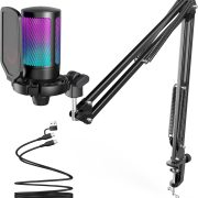 Microfone condensador USB FIFINE A6T para gaming com iluminação RGB, braço articulado e pop filter