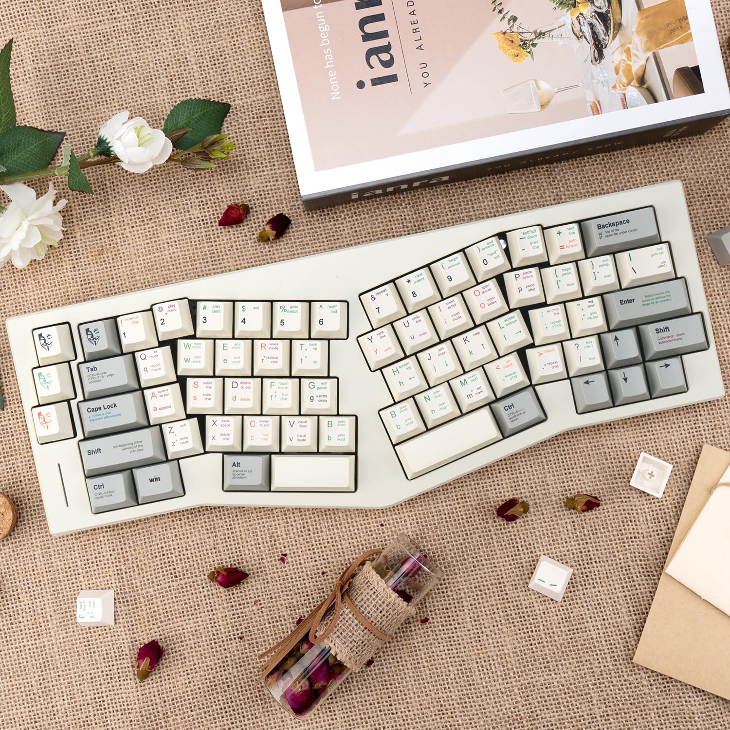 Teclado ergonômico TIMSEKER 143 teclas PBT perfil cereja cinza e bege com detalhes das teclas removidas.
