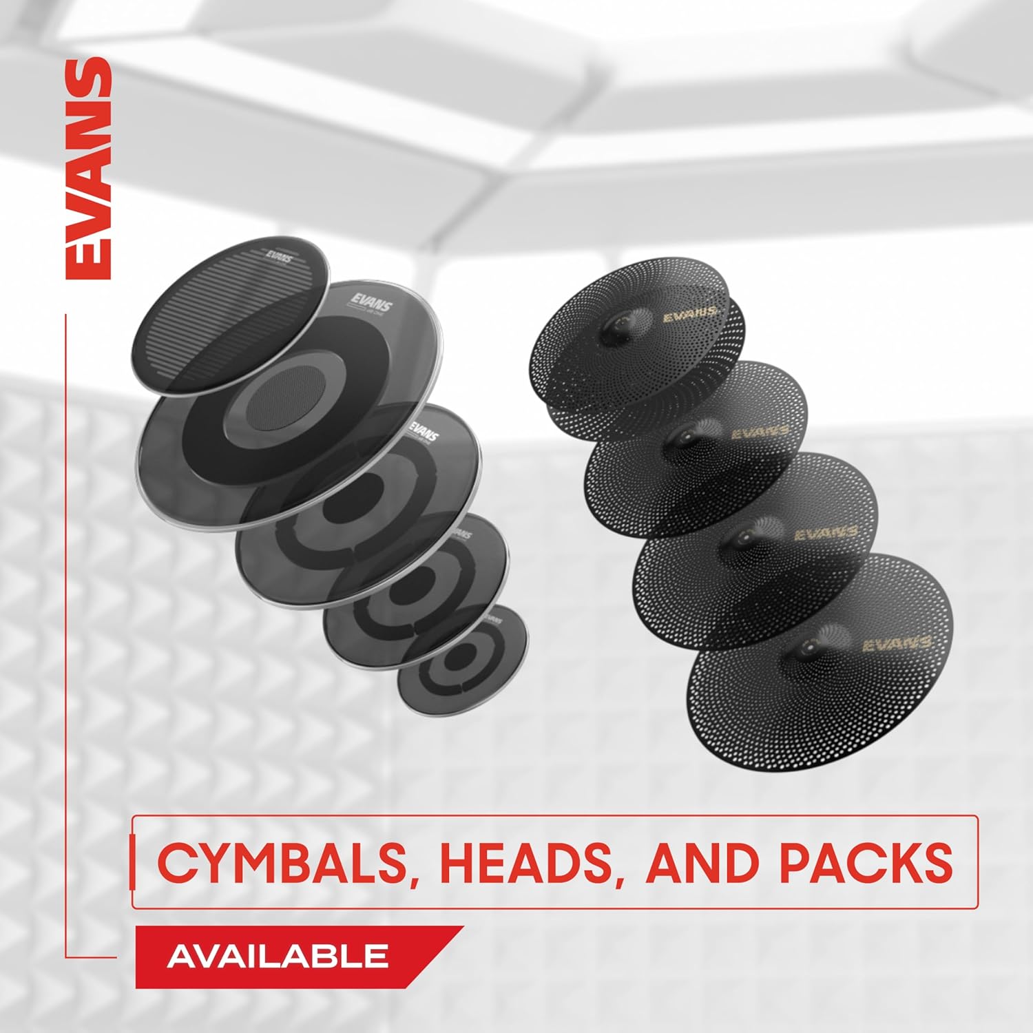 Peles e pratos de bateria Evans disponíveis em diferentes tamanhos e packs.