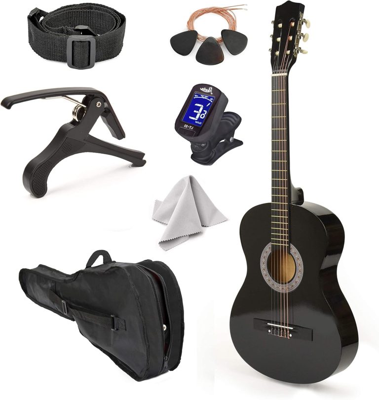 Guitarra clássica canhota preta Master Play 76 cm com acessórios incluindo alça, palhetas, cordas extras, afinador eletrônico, capo, flanela e capa.