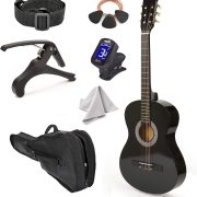 Master Play guitarra canhoto infantil 76 cm preta com estojo, correia, capotraste, afinador, palhetas, cordas extras e pano de polimento