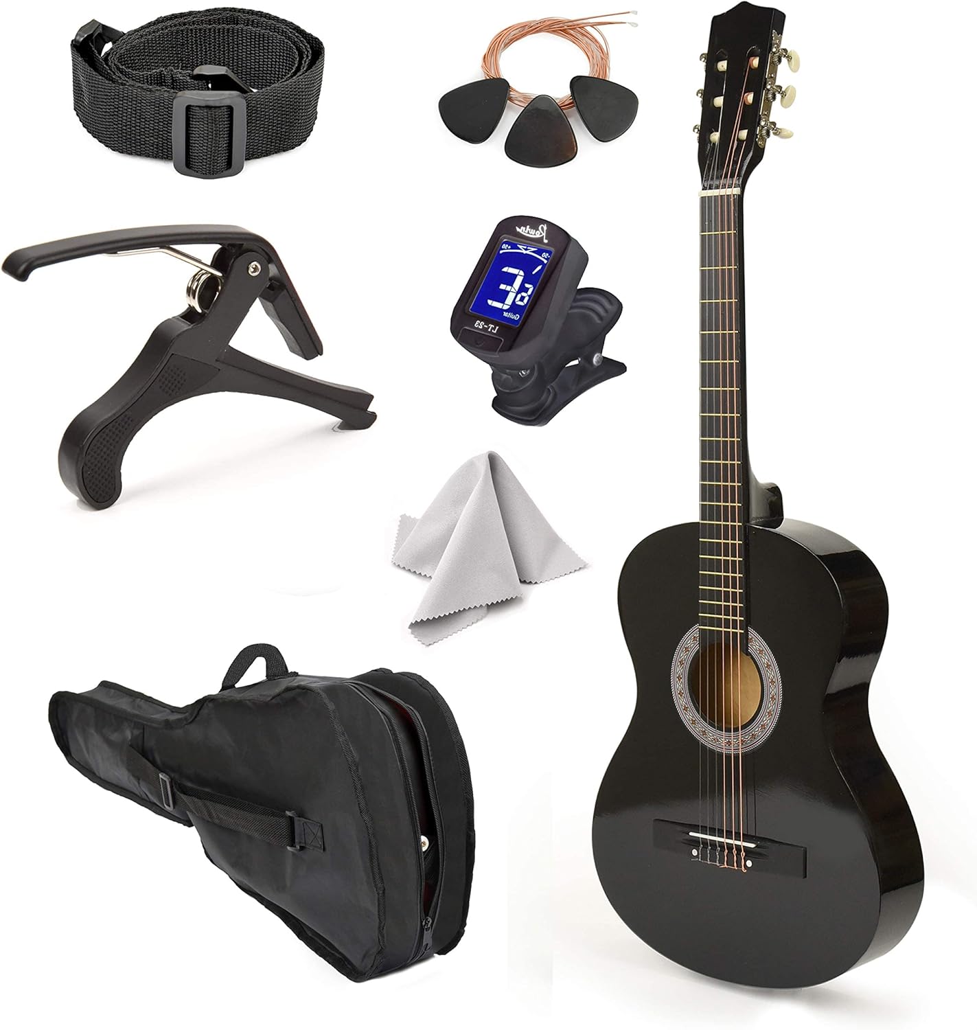 Master Play guitarra canhoto infantil 76 cm preta com estojo, correia, capotraste, afinador, palhetas, cordas extras e pano de polimento