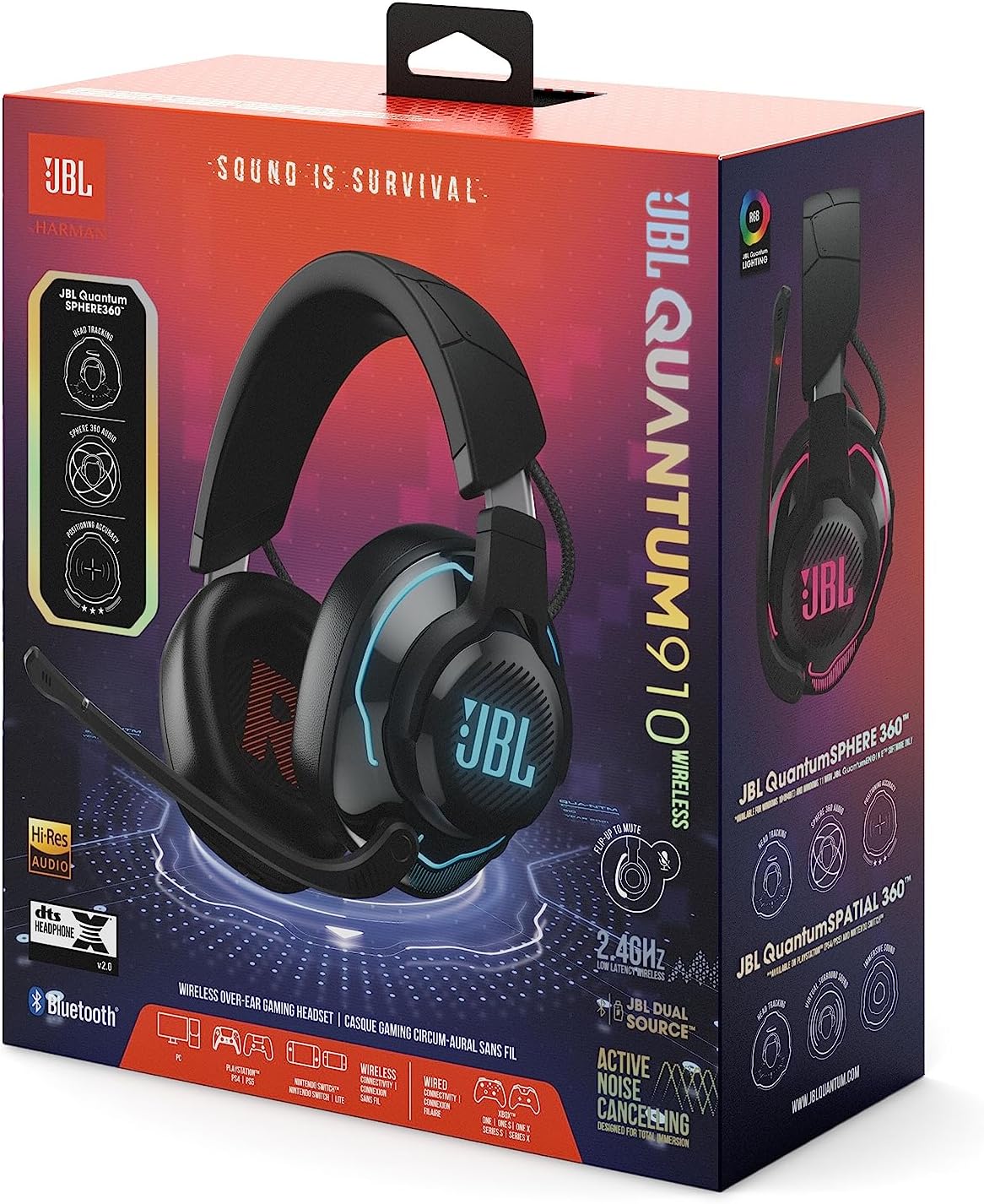 Embalagem do headset gamer JBL Quantum 910 com destaque para especificações técnicas e design