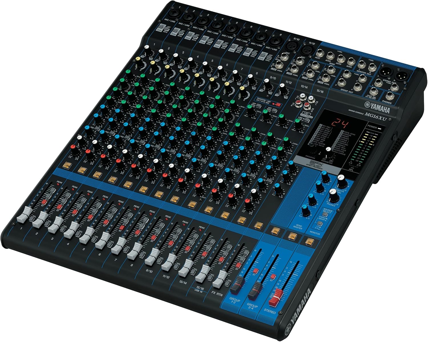 Mesa de som Yamaha MG16XU 16 canais analógica com USB vista em ângulo