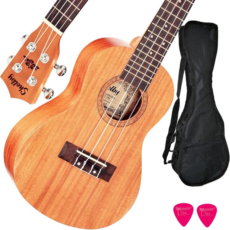 Ukulele Shelby SU23M Concerto acústico em mogno com capa preta e palhetas Fender Thin rosa