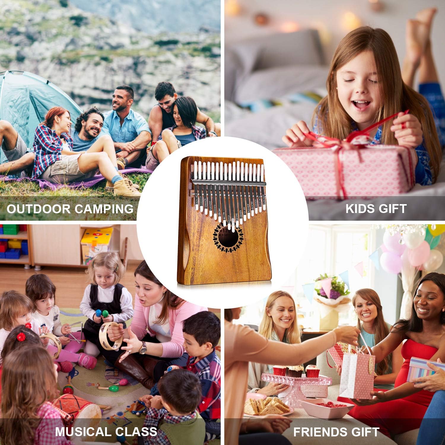 Kalimba Newlam com recomendações de uso para camping, presente infantil, aulas musicais e presentes para amigos.