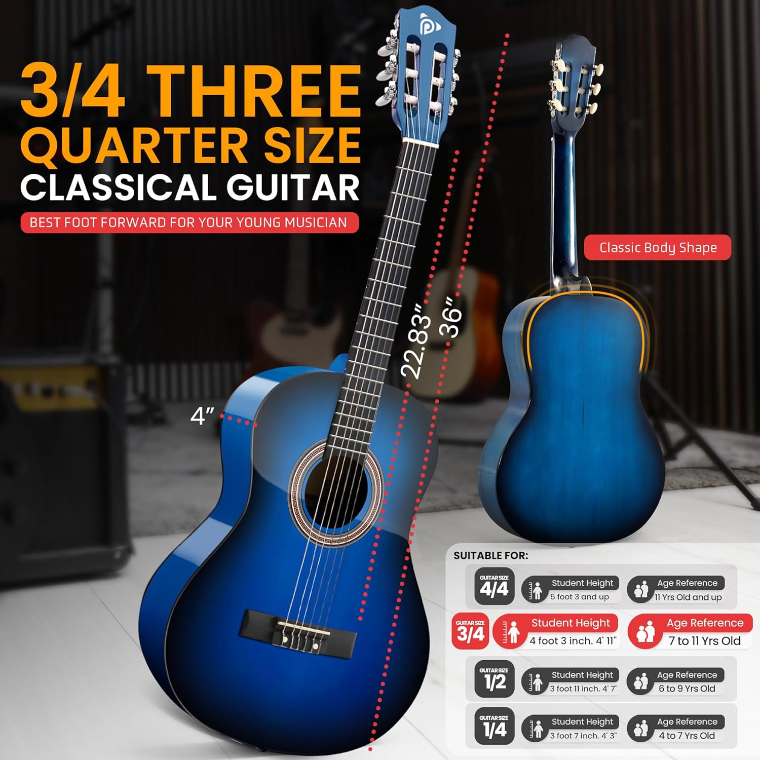 Dimensões e indicação do tamanho 3/4 para guitarra clássica Pyle azul fosco para crianças de 7 a 11 anos