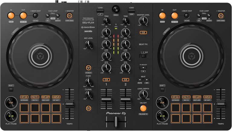 Controlador DJ Pioneer DDJ-FLX4 grafite com dois decks e jog wheels grandes
