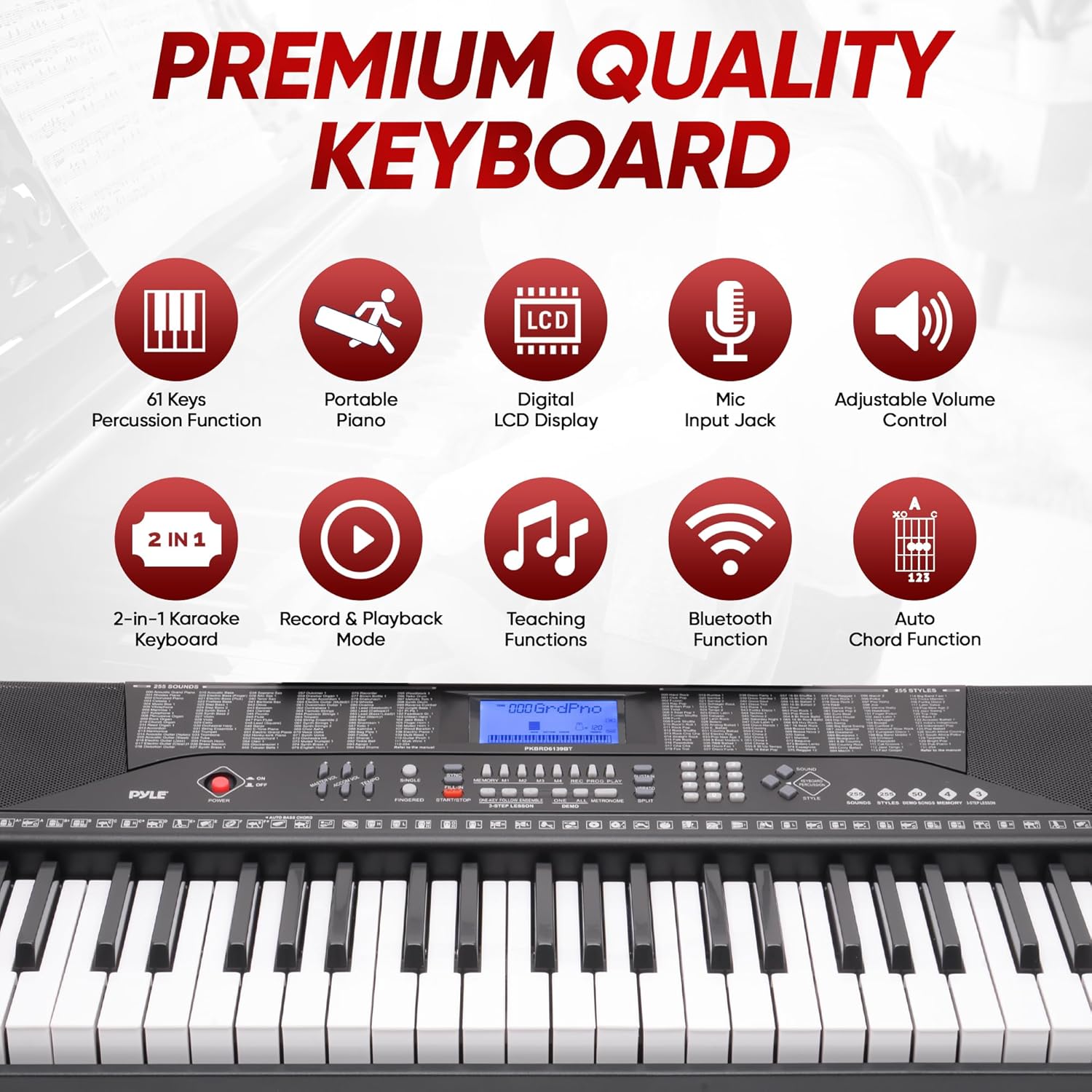 Teclado elétrico portátil Pyle com 61 teclas, LCD digital, Bluetooth e funções para karaokê e ensino.