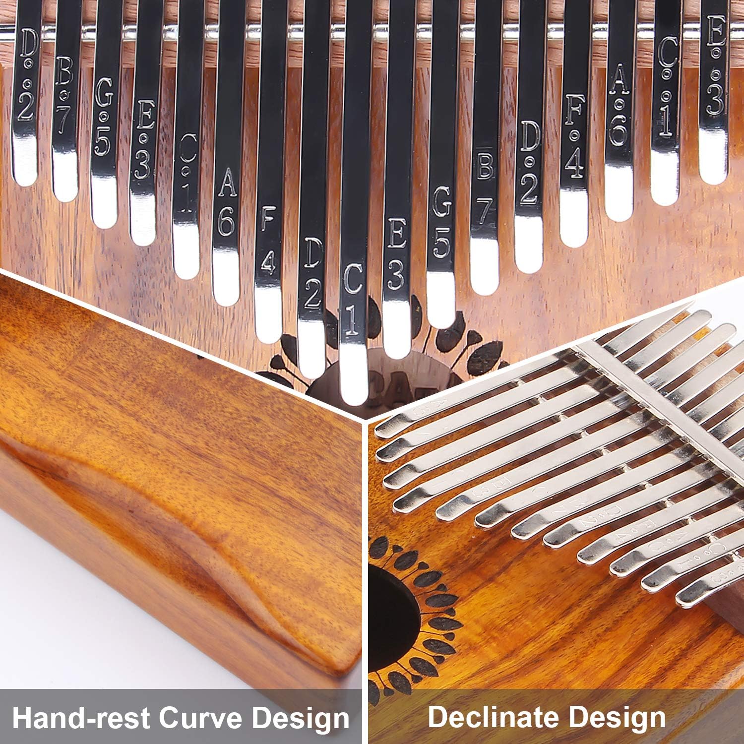 Detalhes próximos da Kalimba Newlam mostrando design curvo para descanso das mãos e teclas inclinadas para maior conforto.