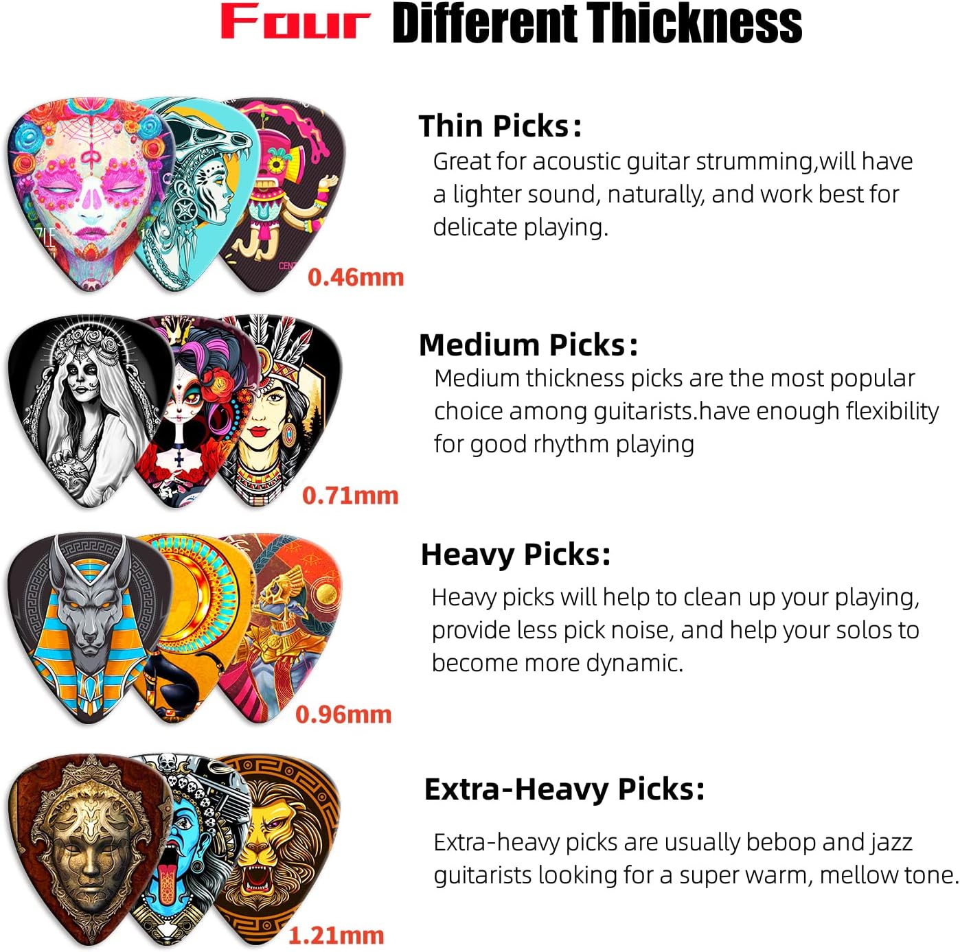 Palhetas para guitarra coloridas com diferentes espessuras e descrições em inglês sobre usos recomendados.
