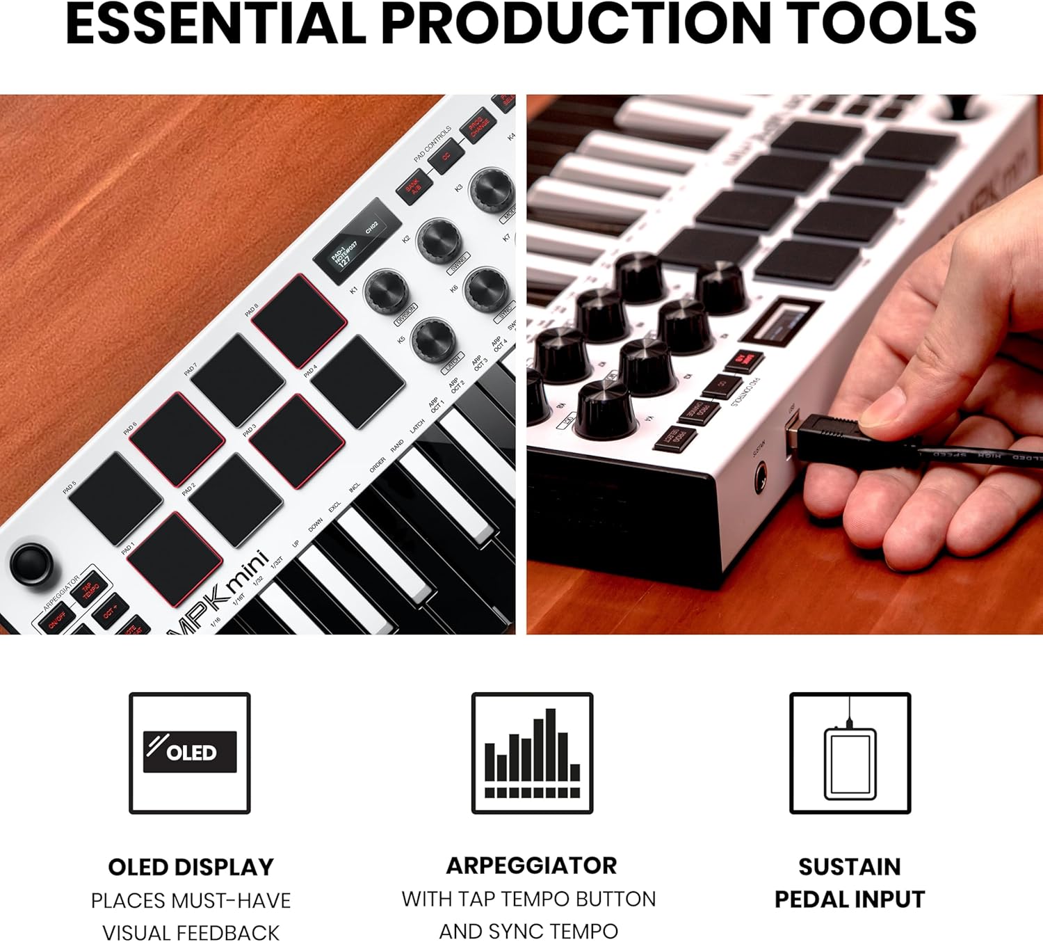 Controle e conexões do teclado MIDI Akai MPK Mini MK3 branco com display OLED e arpegiador