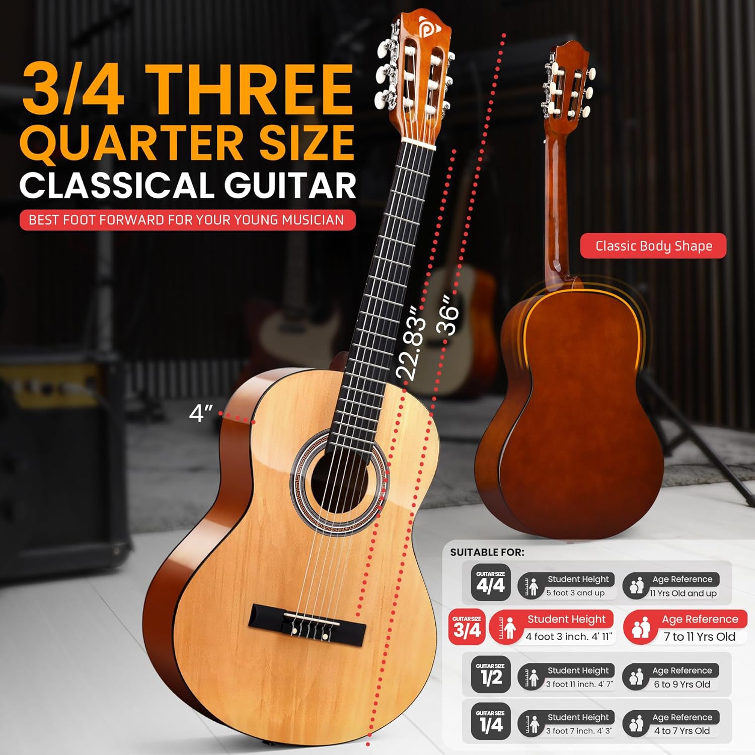 Dimensões e indicação de idade e altura da guitarra clássica Pyle 3/4 para jovens músicos.
