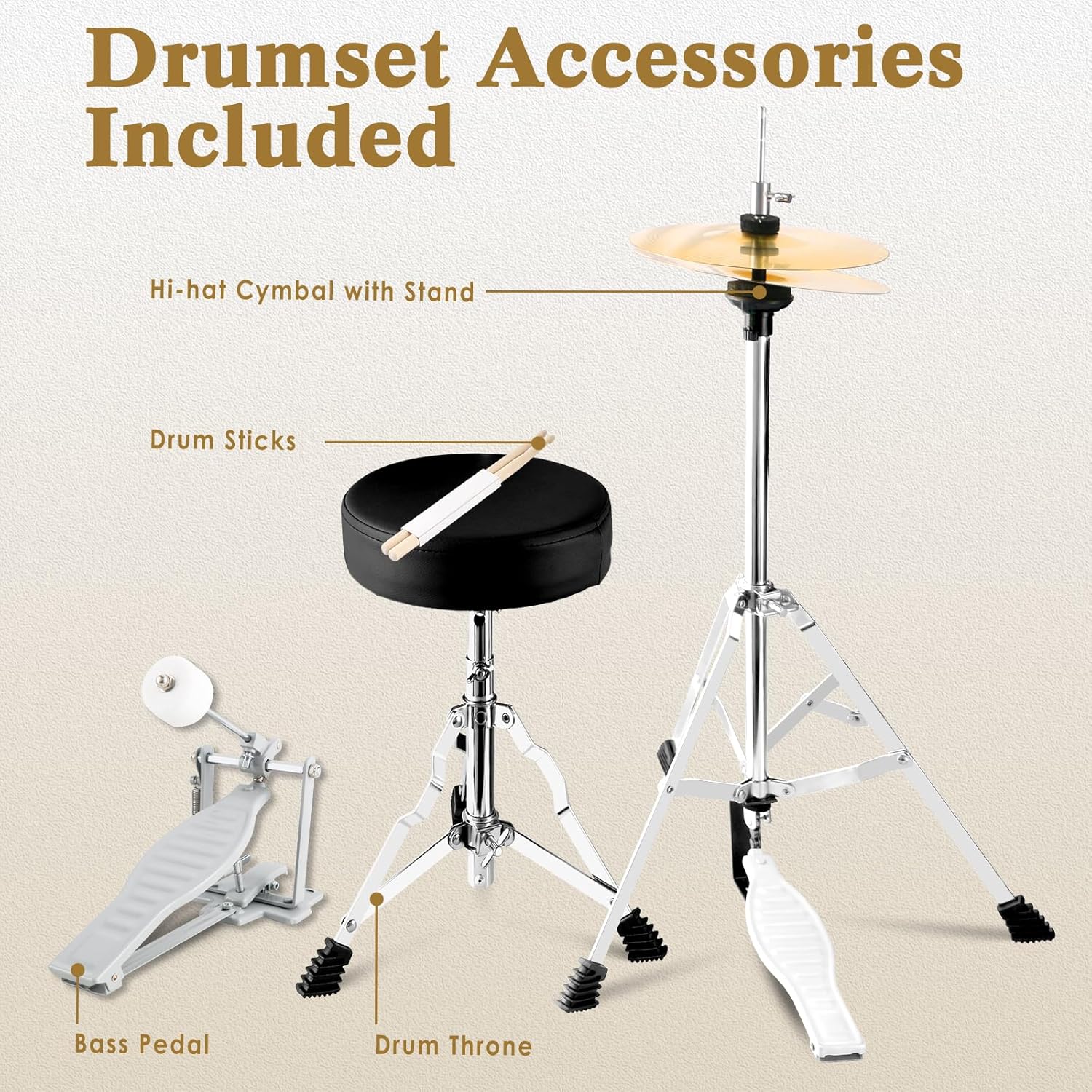 Acessórios inclusos no kit bateria infantil EASTROCK 5 peças preto, incluindo pedal, banco, baquetas e prato hi-hat