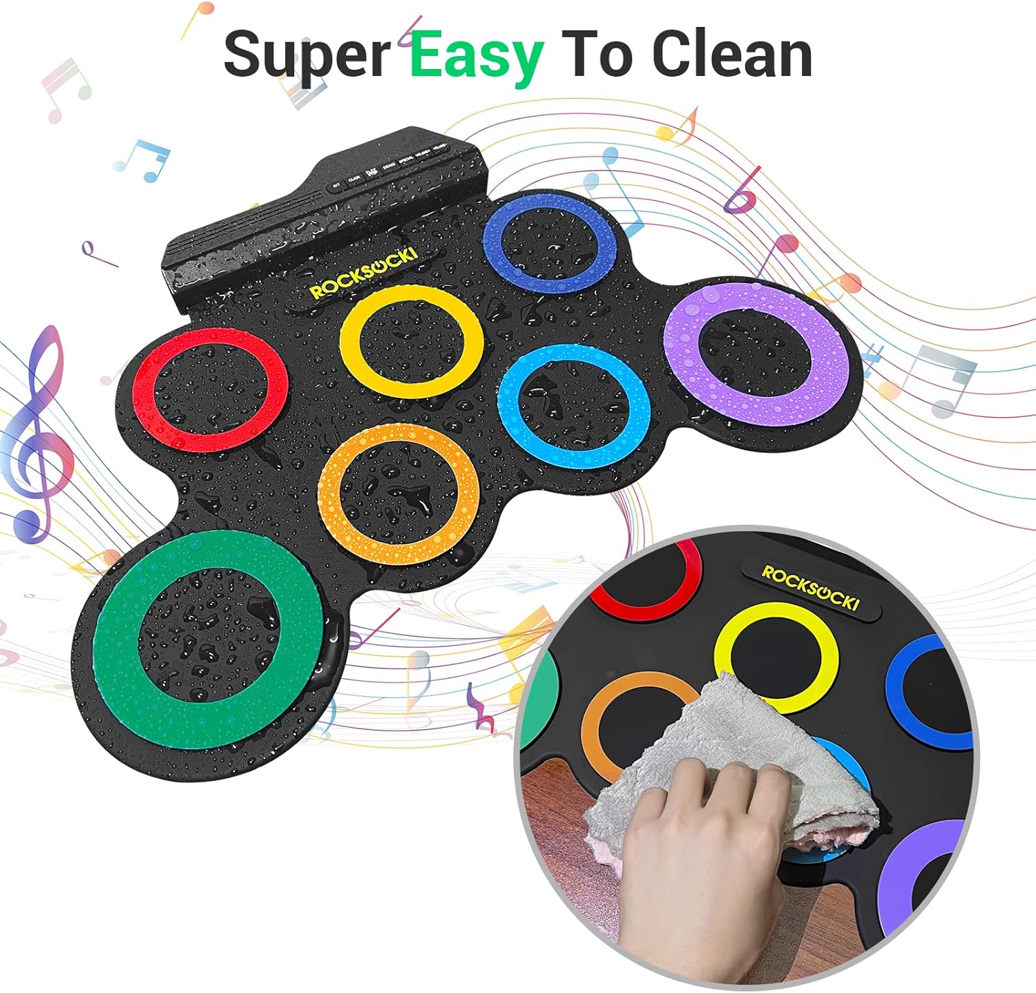 Bateria eletrônica infantil ROCKSOCKI com superfície fácil de limpar e 7 pads coloridos