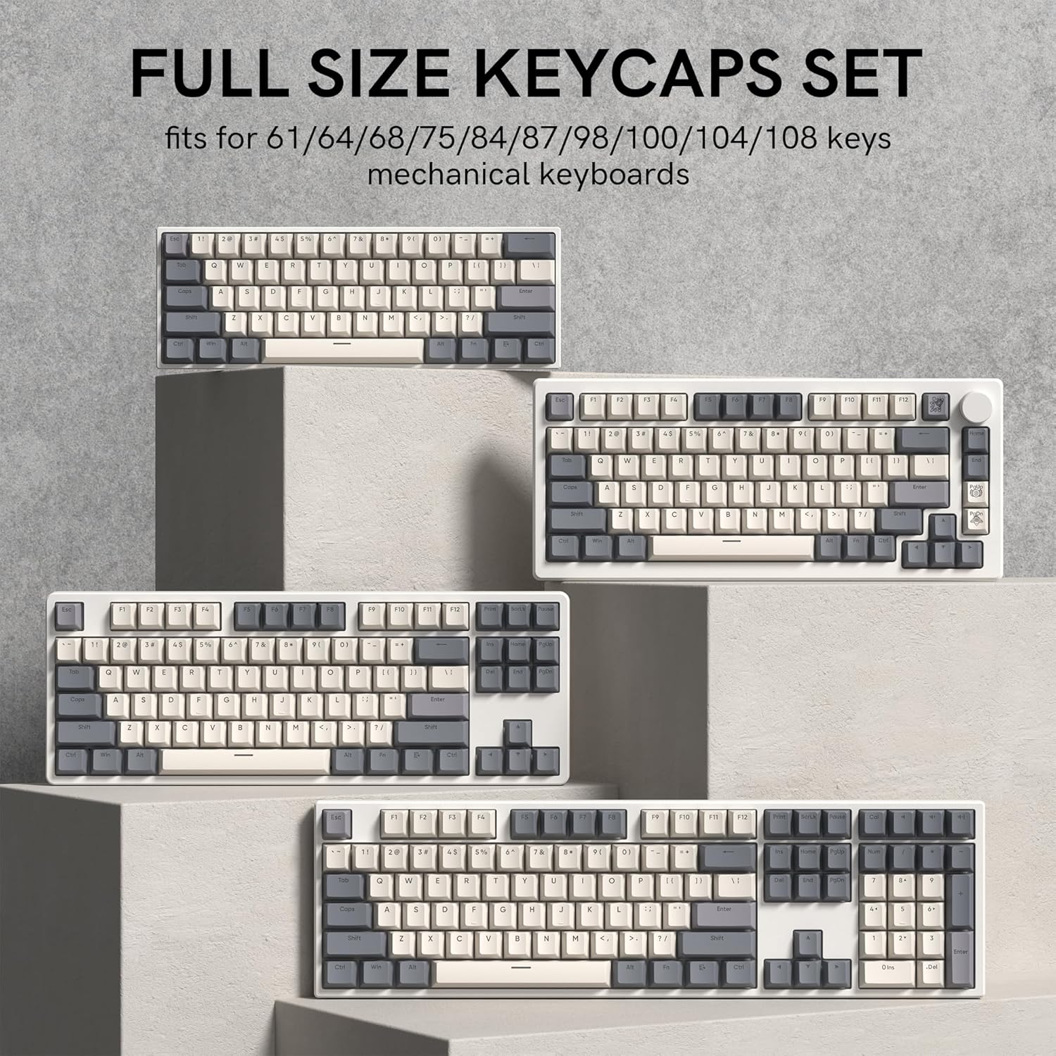 Conjunto completo de teclas Double Shot PBT para teclados mecânicos de 61 a 108 teclas em tons cinza retrô