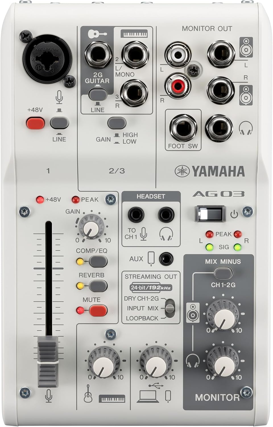 Mesa de som analógica Yamaha AG03MK2 branca com DSP, entradas para microfone, guitarra, controle de ganho, efeitos e saídas para monitor e headset