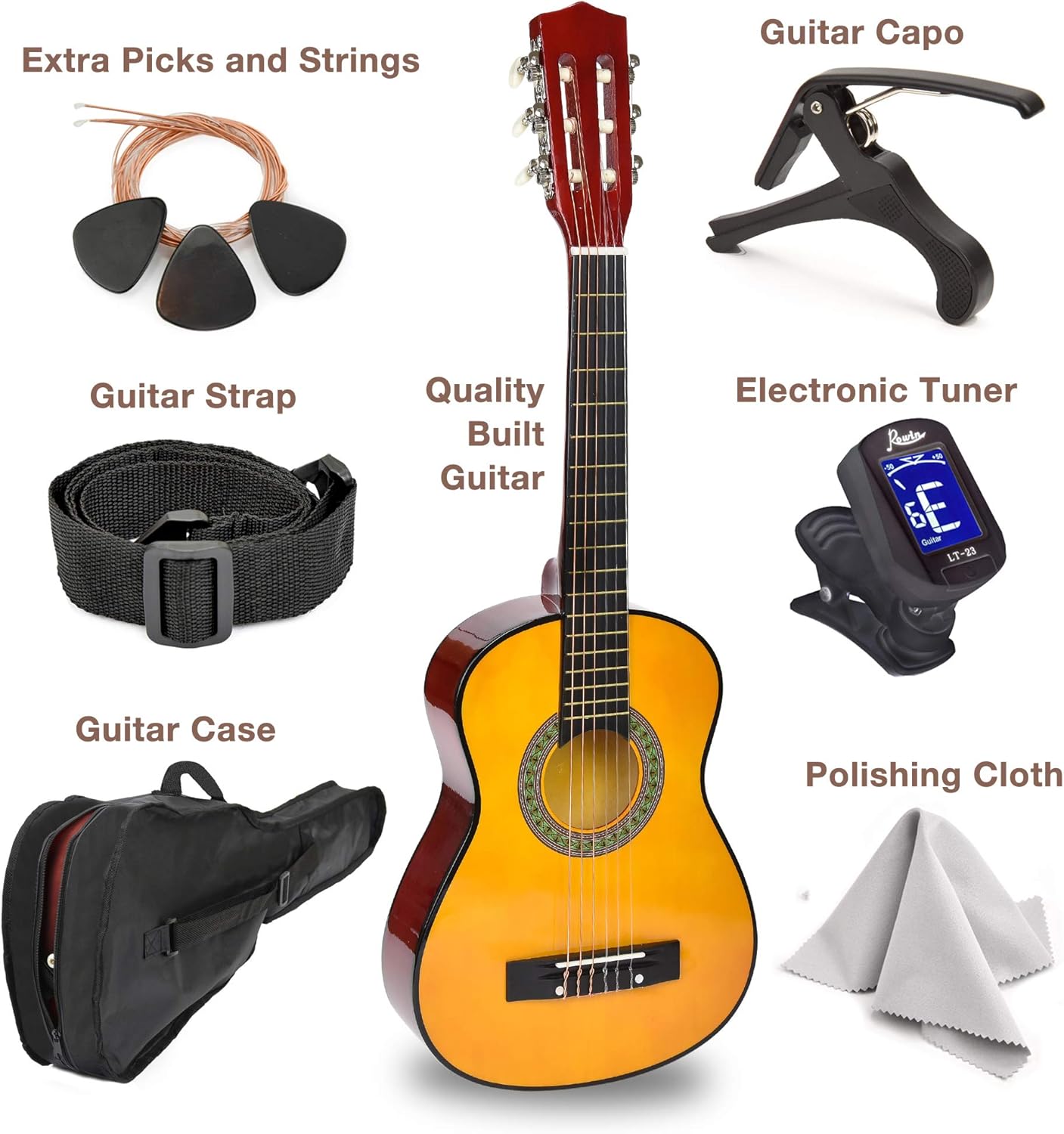 Guitarra infantil Master Play com acessórios nomeados e dispostos ao redor