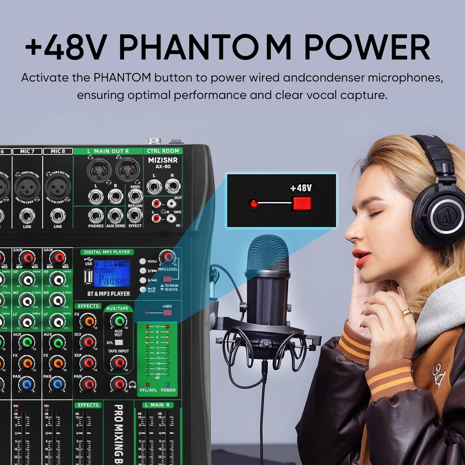 Mixer MIZISNR AX-80 com função +48V phantom power para microfones condensadores com fio