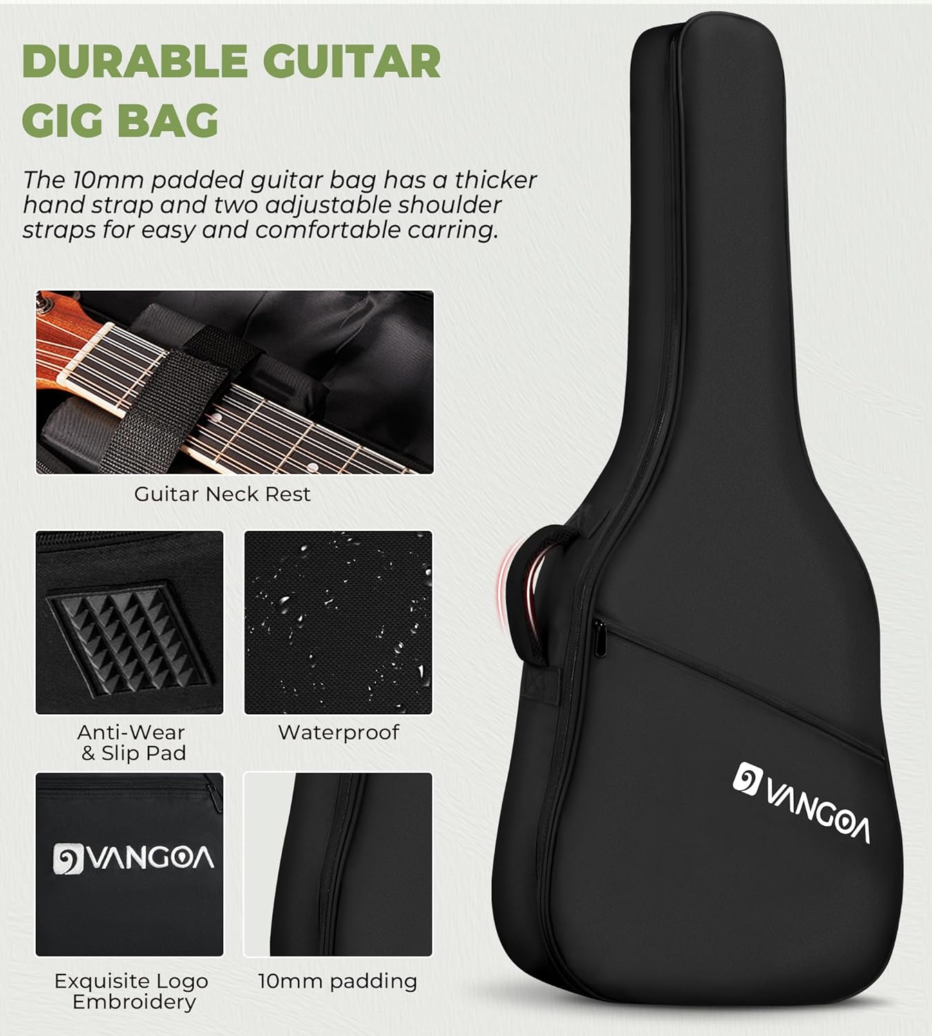 Capa preta acolchoada para violão 3/4 Vangoa com alças ajustáveis e proteção reforçada