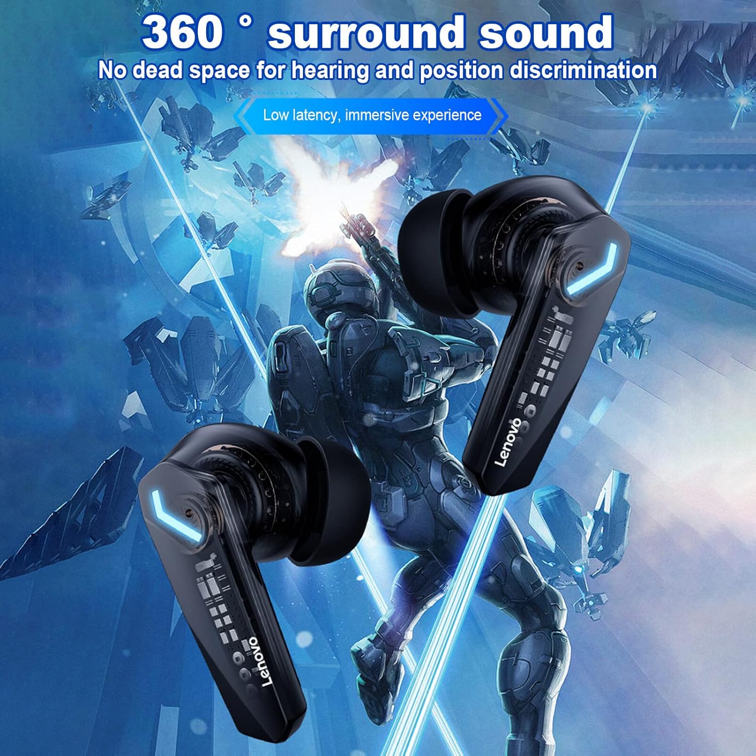 Fones Lenovo thinkplus GM2 Pro com som surround 360 para imersão e baixa latência.