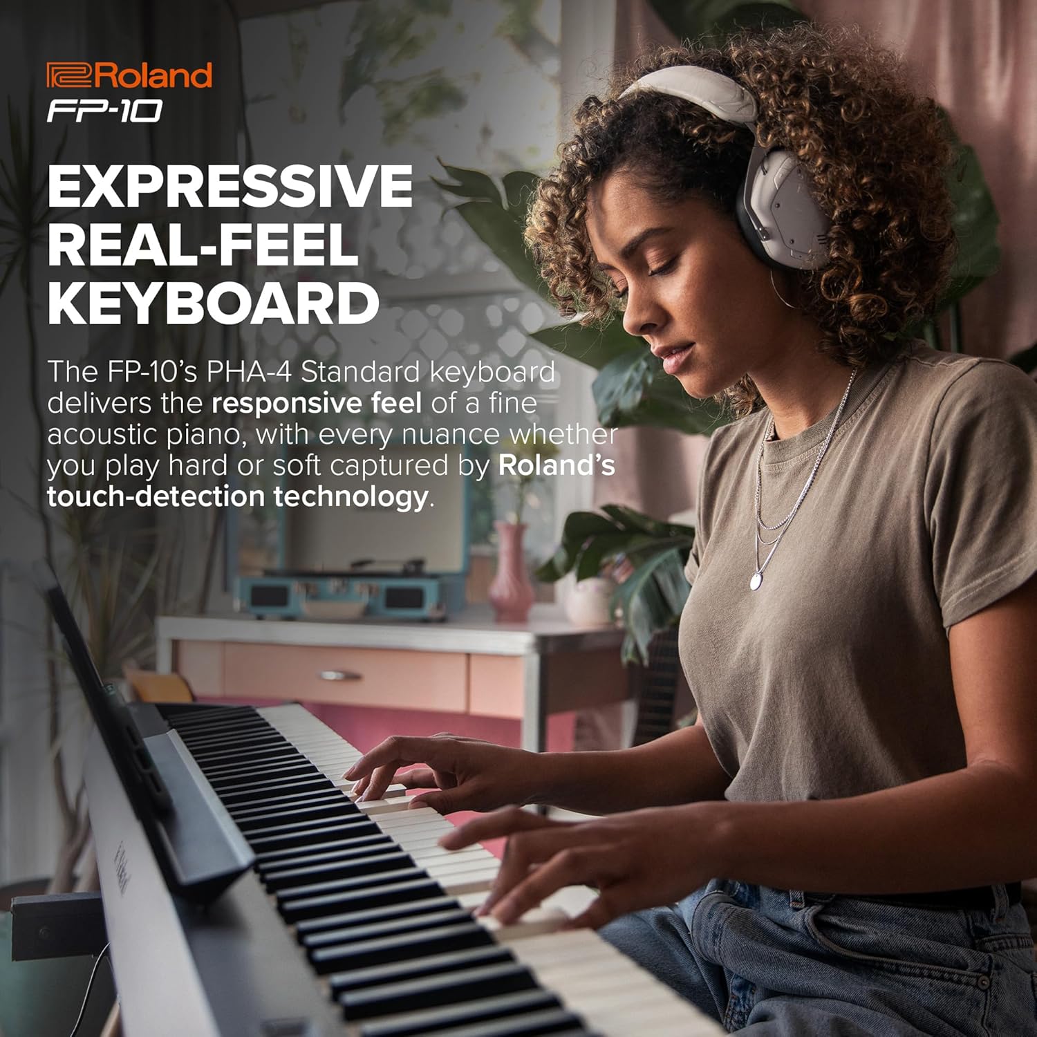 Teclado PHA-4 do Roland FP-10 BK com sensibilidade ao toque realista e tecnologia touch-detection.