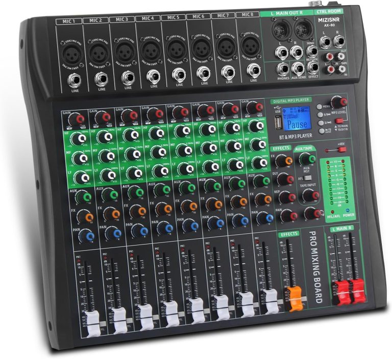 Mixer de áudio digital MIZISNR AX-80 com 8 canais, controles de equalização, Bluetooth, e leitor MP3