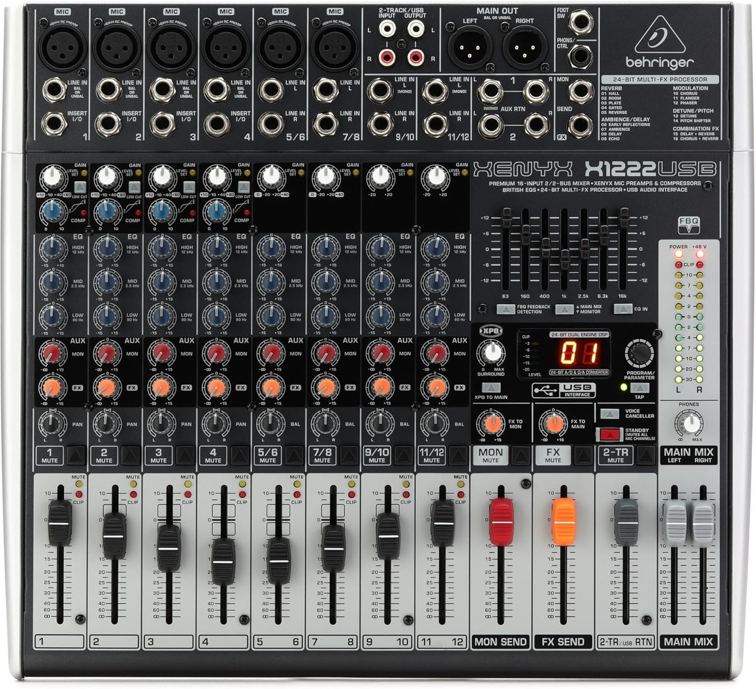 Mesa de som Behringer X1222USB 12 canais com USB e compressor vista superior mostrando controles e conexões