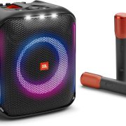 JBL PartyBox Encore caixa de som Bluetooth preta com microfones vermelhos e iluminação LED colorida
