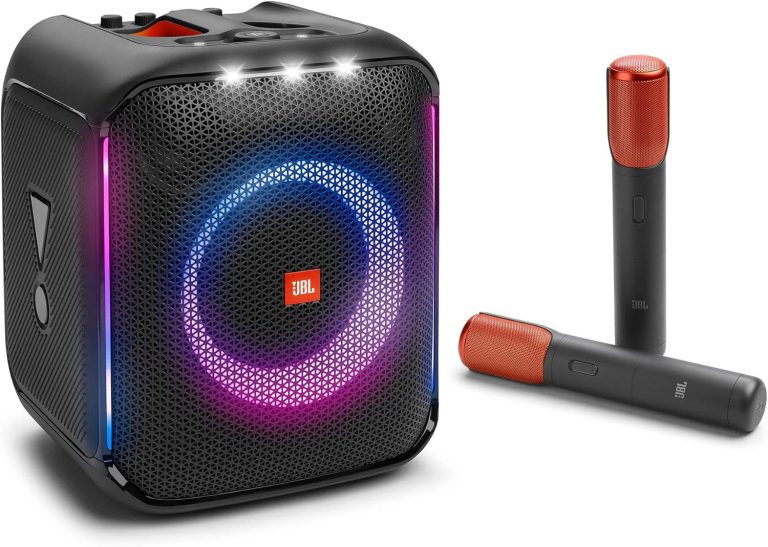 JBL PartyBox Encore caixa de som Bluetooth preta com microfones vermelhos e iluminação LED colorida