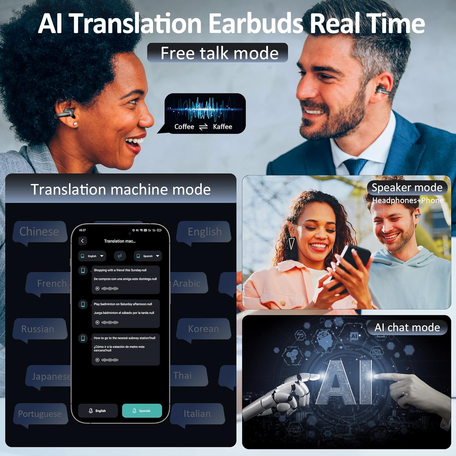 Modos de tradução em tempo real dos fones IAMJOY: fala livre, máquina de tradução, alto-falante e chat AI.