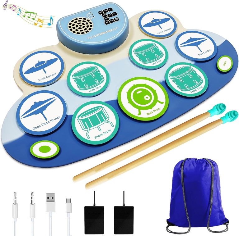 Bateria eletrônica portátil HOMNELL com 9 pads dobráveis, baquetas, cabos e mochila azul.