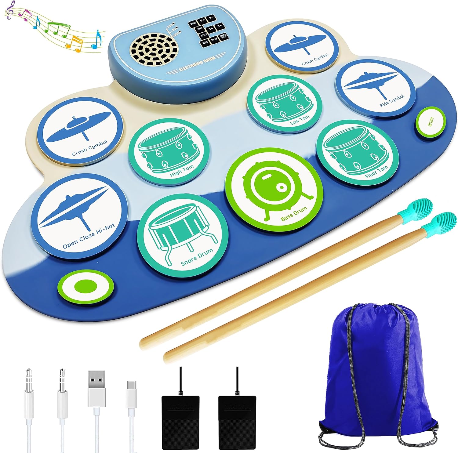 Bateria eletrônica portátil HOMNELL com 9 pads dobráveis, baquetas, cabos e mochila azul.