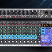 Mesa de som digital profissional VEDO A12 com 12 canais, Bluetooth e reverb, painel preto com controles coloridos