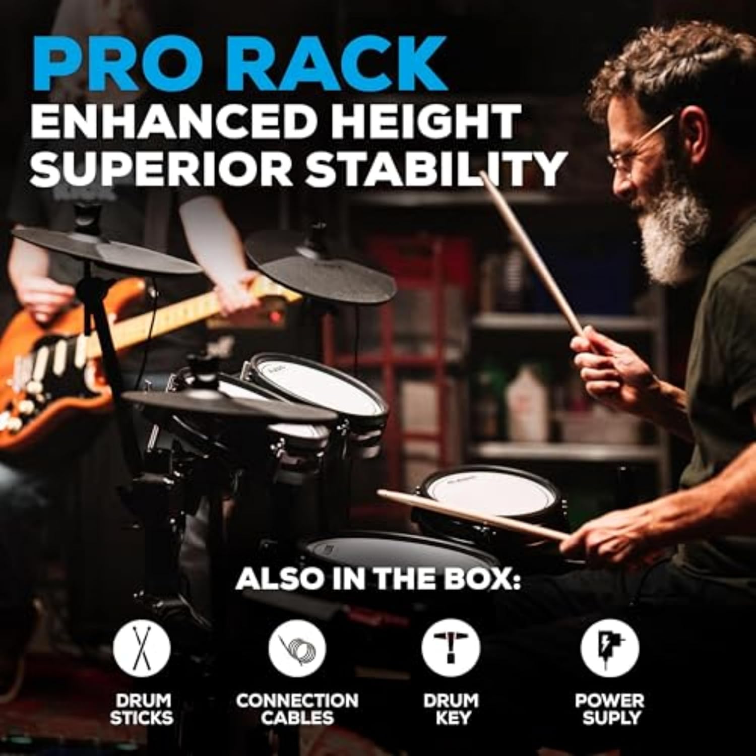 Rack profissional da bateria Alesis Nitro Pro com acessórios inclusos e grande estabilidade.