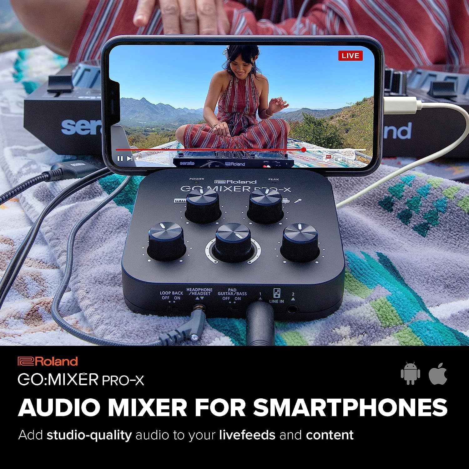 Interface Roland GO:MIXER PRO-X conectada a smartphone transmitindo vídeo ao vivo