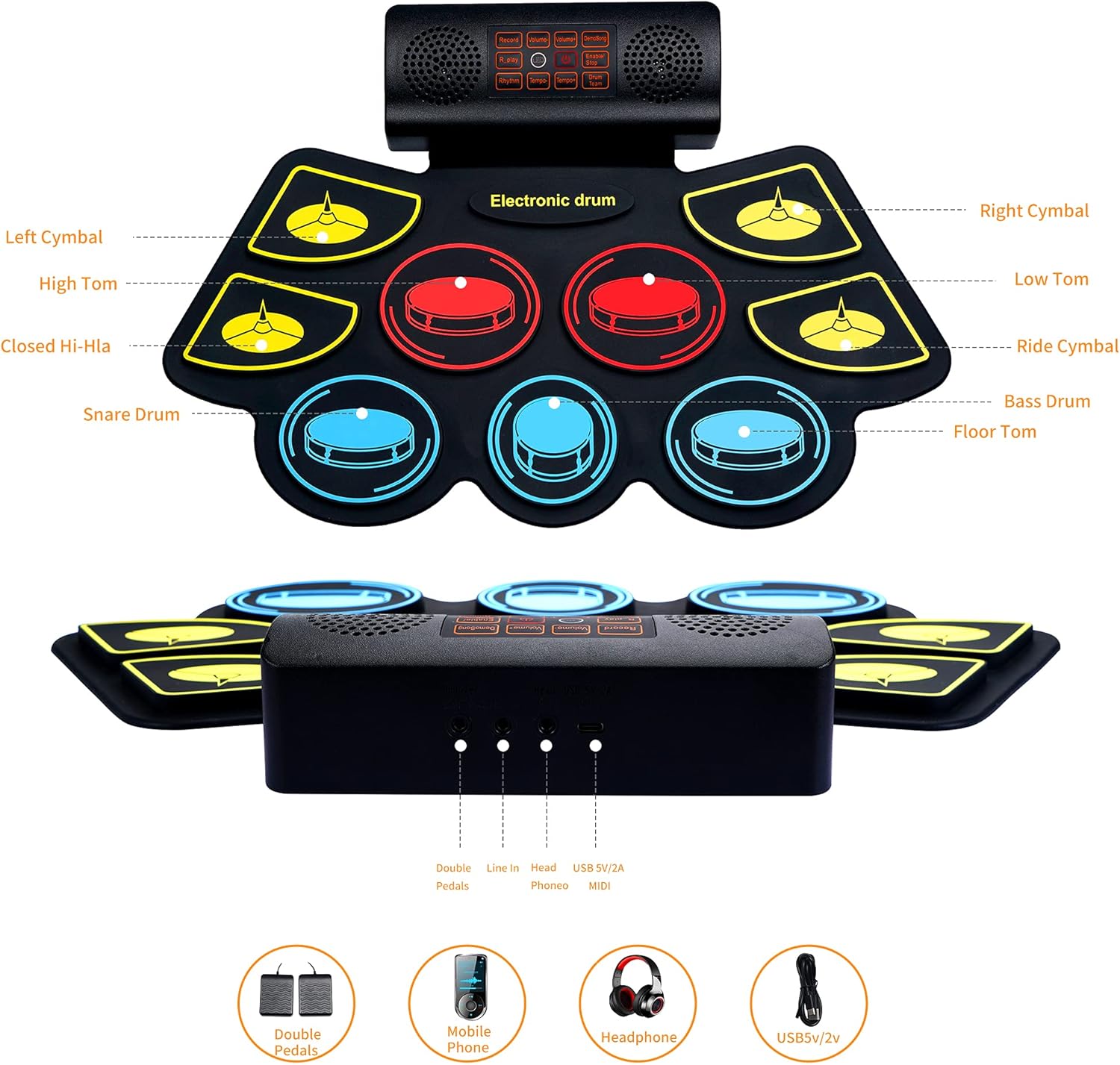 Detalhes dos pads e conexões da bateria eletrônica Vhffoso com 9 pads e 5 kits para iniciantes.