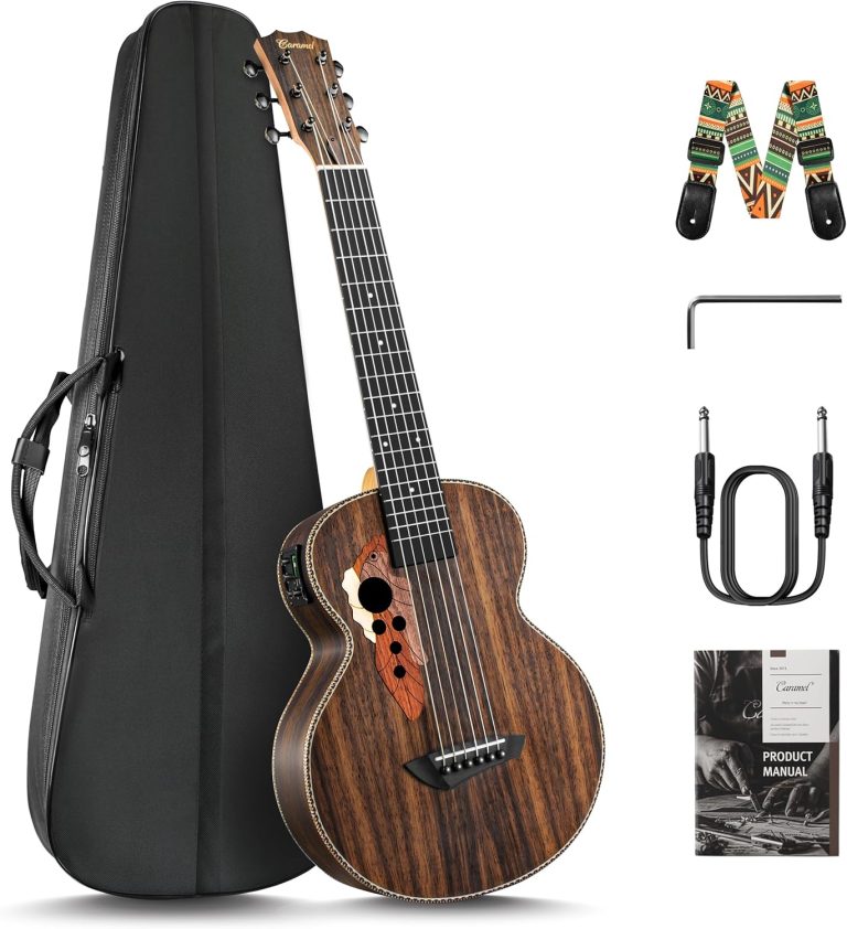 Guitarlele Caramel CB904G de madeira de ébano com 6 cordas, estojo preto, alça colorida, cabo P10 e manual