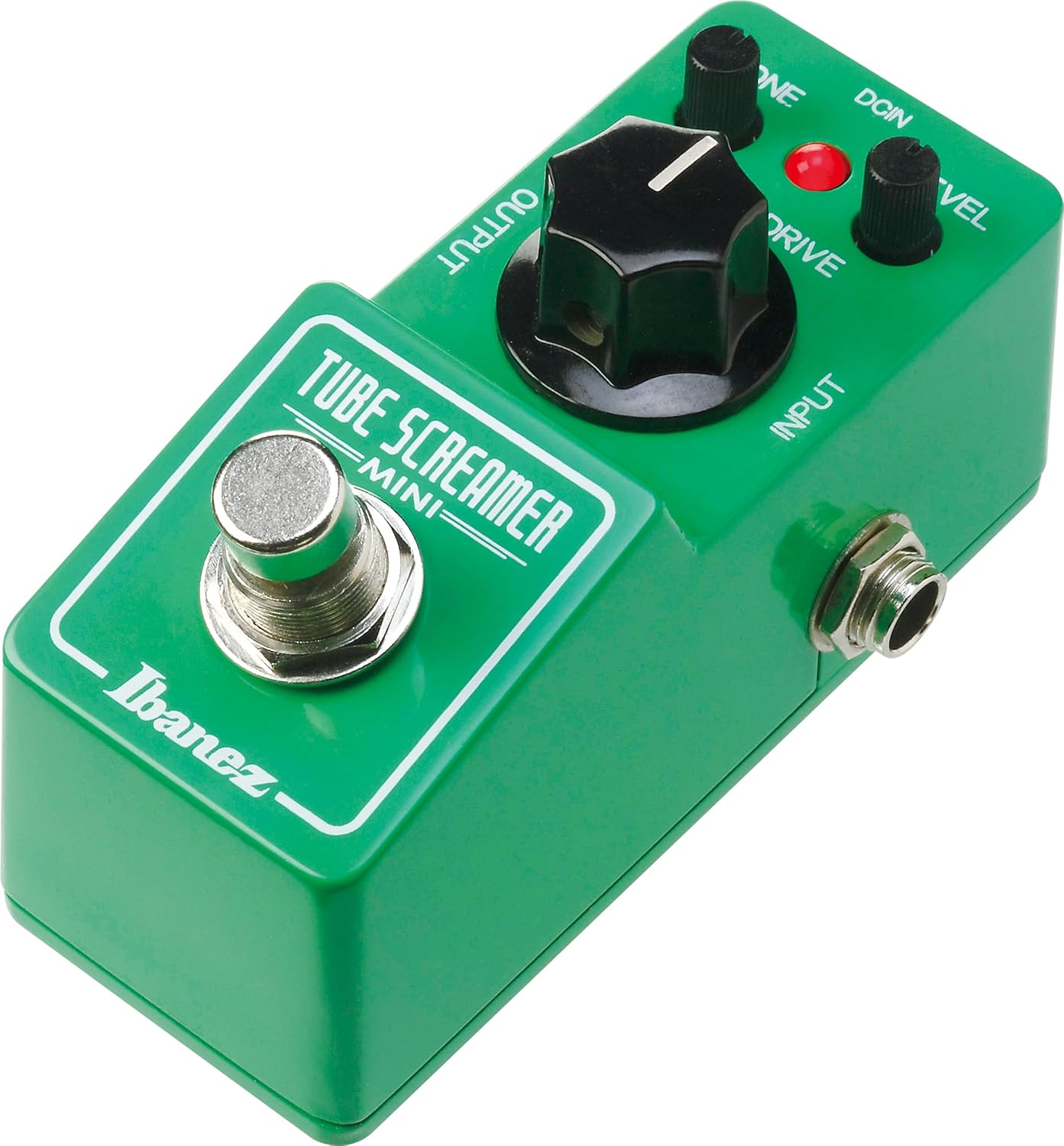 Pedal Ibanez Tube Screamer Mini verde com botões de controle de tom, nível e overdrive, luz LED e botão metálico de ativação