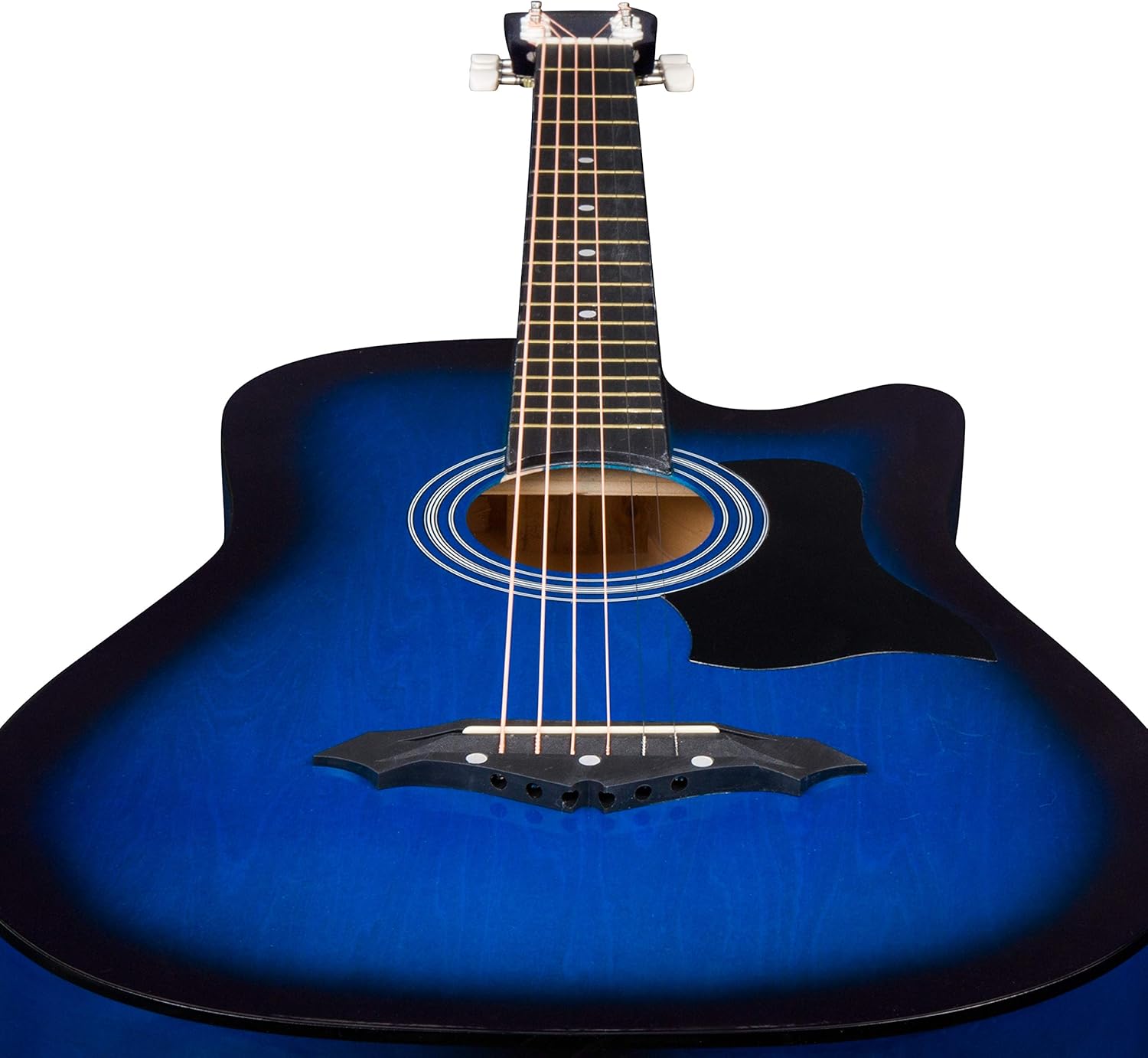 Detalhe da boca e ponte do violão Joymusic JG-38C Blueburst brilhante com corte.
