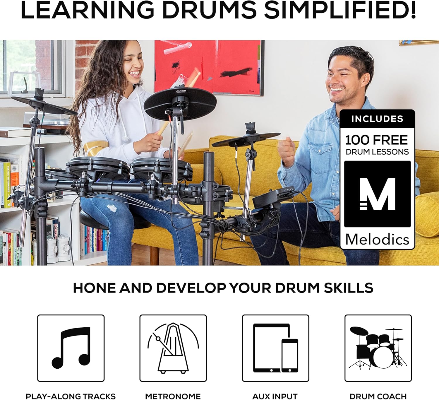 Pessoas usando bateria eletrônica Alesis Turbo com destaque para recursos educacionais e acompanhamento musical