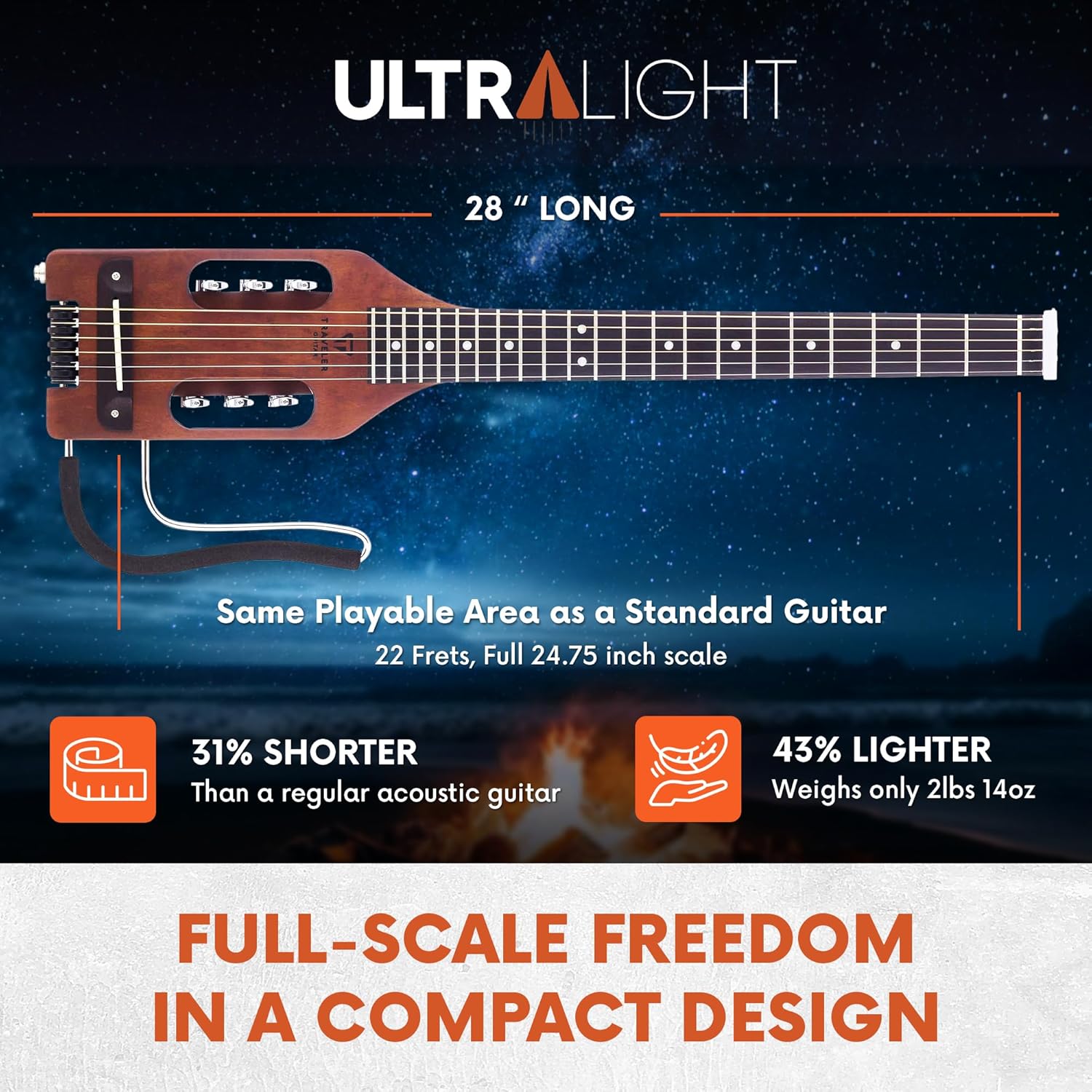 Guitarra ultraleve Traveler Guitar marrom antigo com especificações de tamanho e peso em destaque.