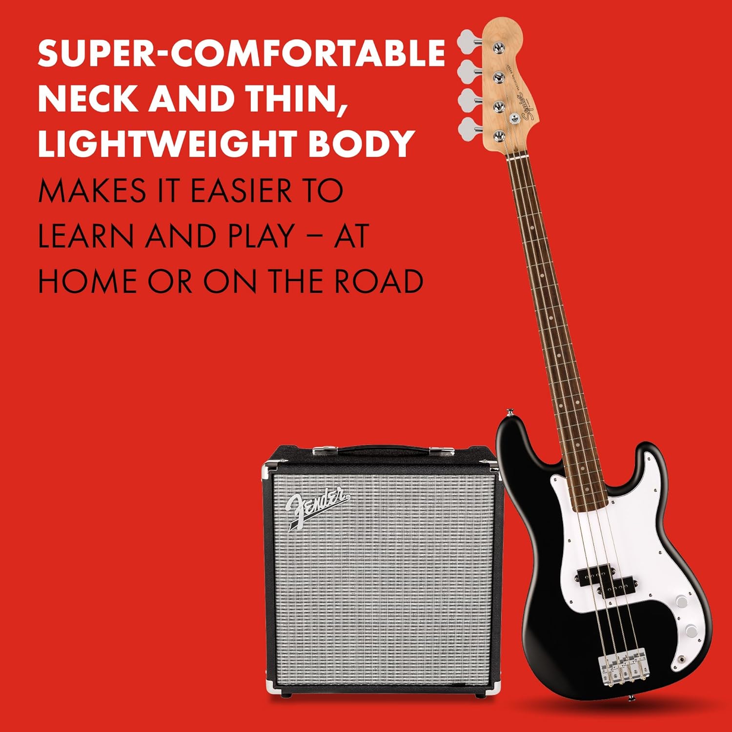 Contrabaixo Squier by Fender Precision Bass preto com amplificador Fender texto promocional sobre conforto e corpo leve para iniciantes