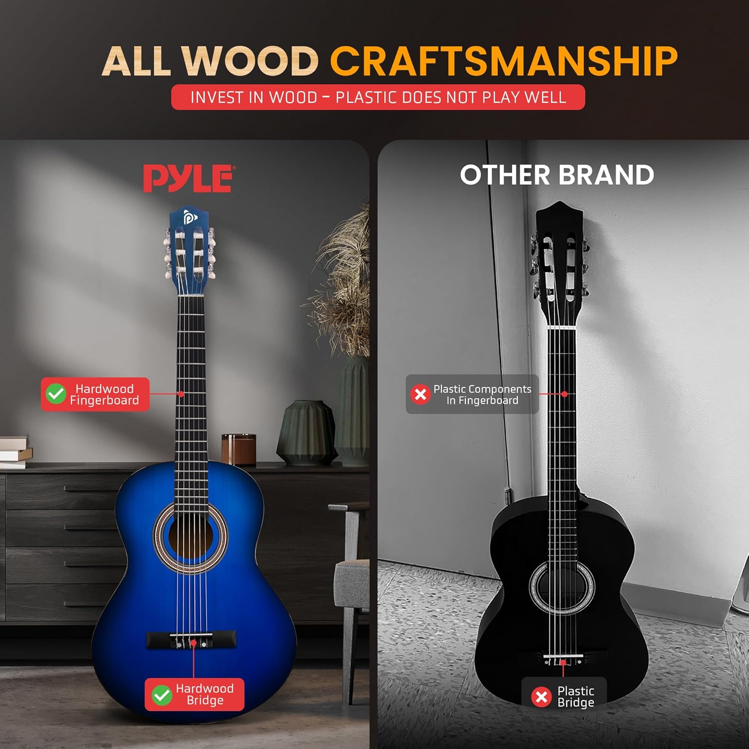 Comparativo guitarra Pyle com escala e ponte em madeira versus marca concorrente com componentes plásticos