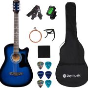 Violão acústico Joymusic JG-38C Blueburst com acessórios incluindo afinador, correia, palhetas, capo e capa.