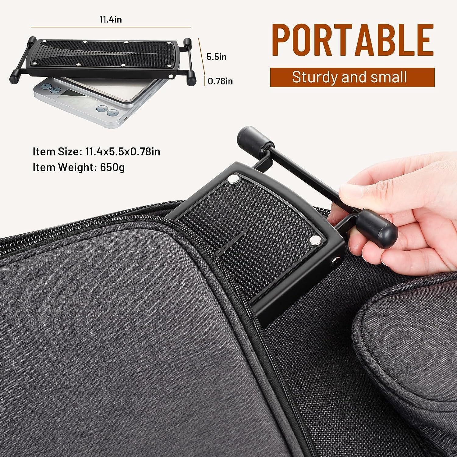 Apoio para pé para guitarra portátil, leve (650g) e compacto, com medidas detalhadas.